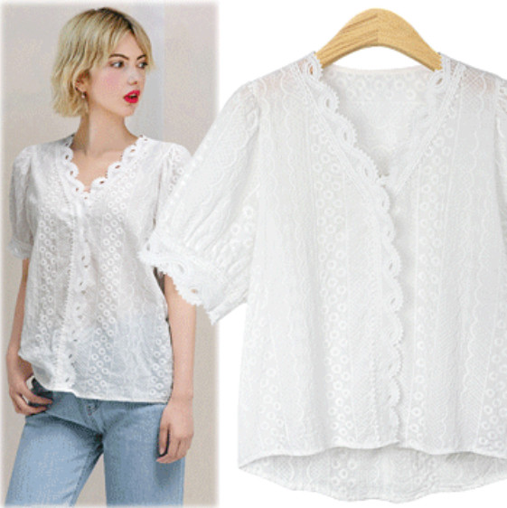 Valge pitsist naiste särk V-kaelusega ja lühikeste varrukatega