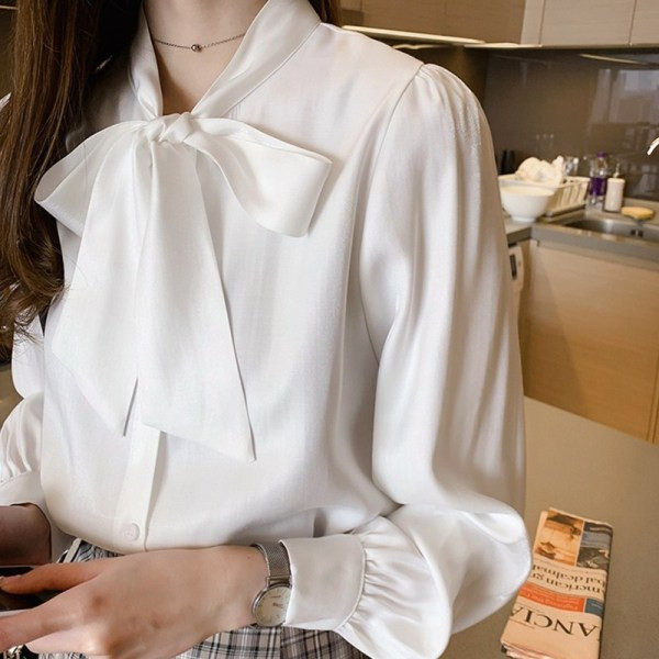 Aktuāls sieviešu krekls ar garām piedurknēm un apkakli ar lentīti