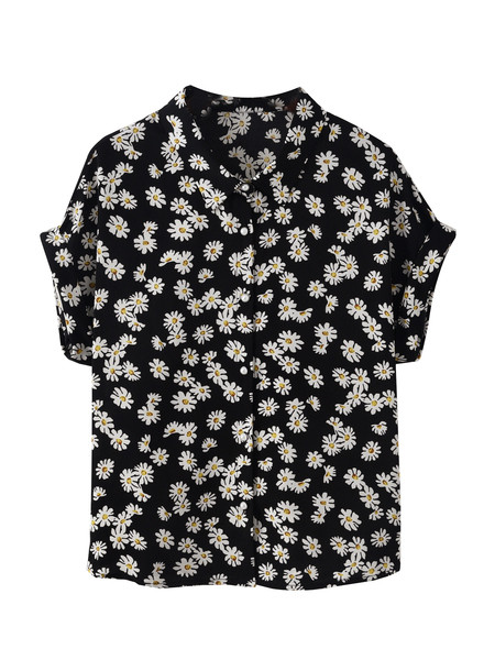 Cămașă modernă de damă cu guler clasic, mâneci scurte și model floral