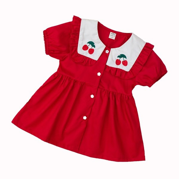 Sarkana bērnu kleita ar ķiršu izšuvumu