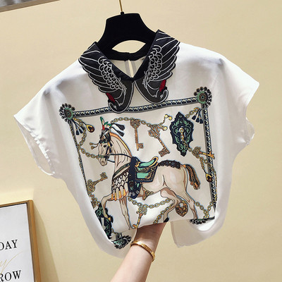 Jauna modeļa vasaras sieviešu krekls ar īsām piedurknēm un krāsainu apdruku