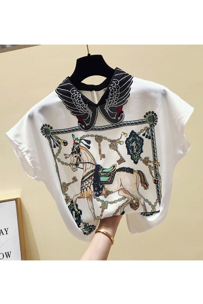 Jauna modeļa vasaras sieviešu krekls ar īsām piedurknēm un krāsainu apdruku