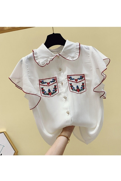 Cămașă albă de damă cu mâneci scurte și broderie colorată