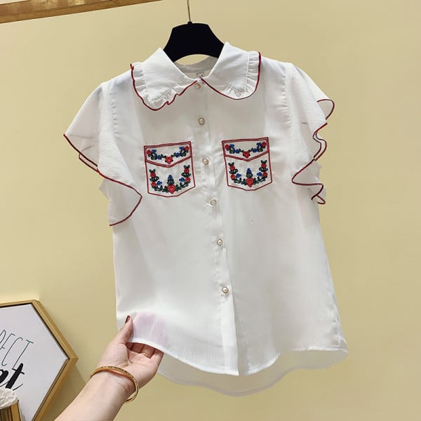 Cămașă albă de damă cu mâneci scurte și broderie colorată