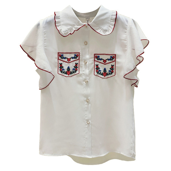 Cămașă albă de damă cu mâneci scurte și broderie colorată