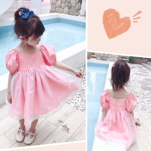 Rozā bērnu kleita ar pufām piedurknēm