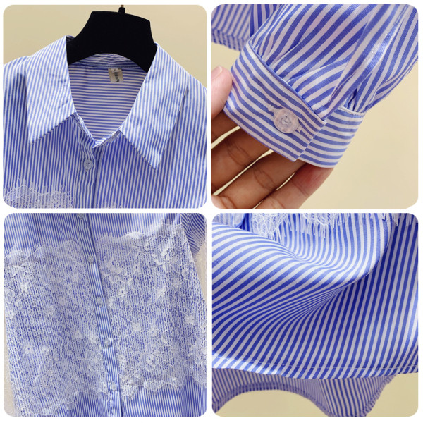 Svītrains sieviešu krekls ar klasisku apkakli un mežģīnēm