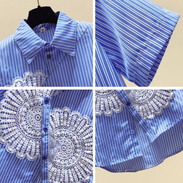 Svītrains sieviešu krekls ar īsām piedurknēm un mežģīnēm