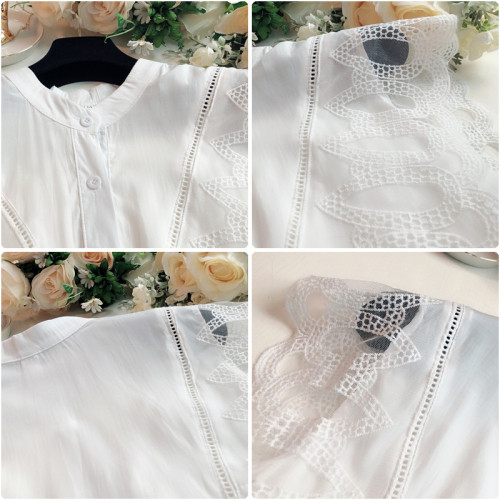 Vasaras sieviešu krekls ar ovālu kakla izgriezumu un mežģīnēm