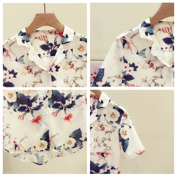 Krāsains sieviešu krekls ar īsām piedurknēm un ziedu motīviem