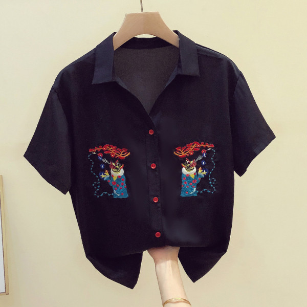 Cămașă neagră de damă cu mâneci scurte și broderie colorată