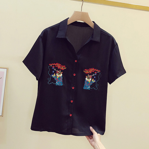 Cămașă neagră de damă cu mâneci scurte și broderie colorată