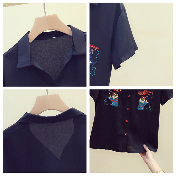 Cămașă neagră de damă cu mâneci scurte și broderie colorată