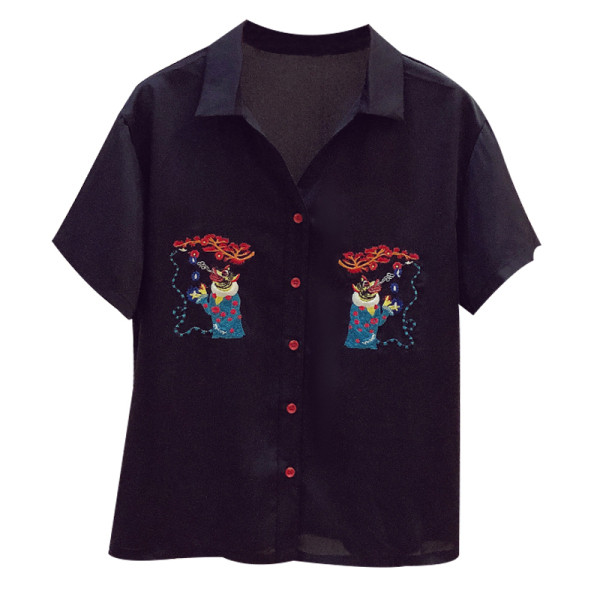 Cămașă neagră de damă cu mâneci scurte și broderie colorată