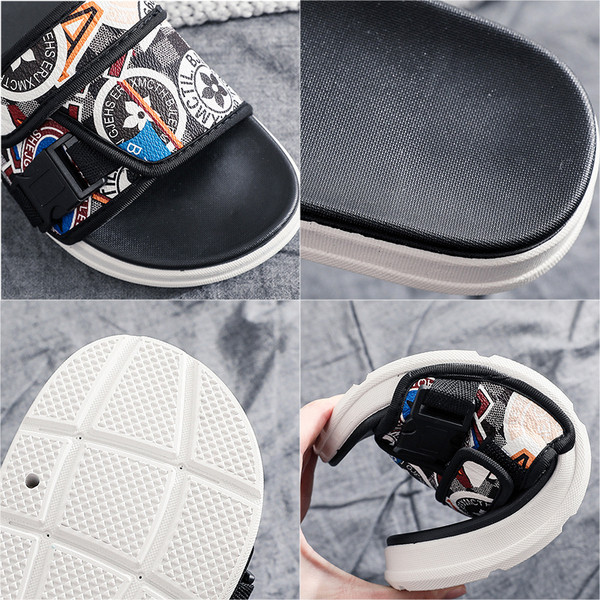 Modernas vīriešu čības ar plakanu zoli un krāsainu rakstu