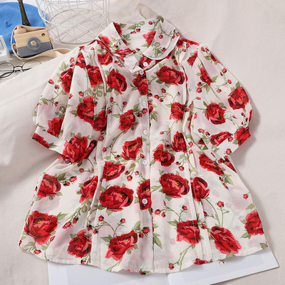 Suvine naiste särk klassikalise krae, lühikeste varrukate ja lillelise mustriga