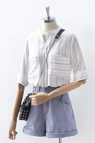 Cămașă de vară de damă în dungi cu mâneci 3/4 și buzunare