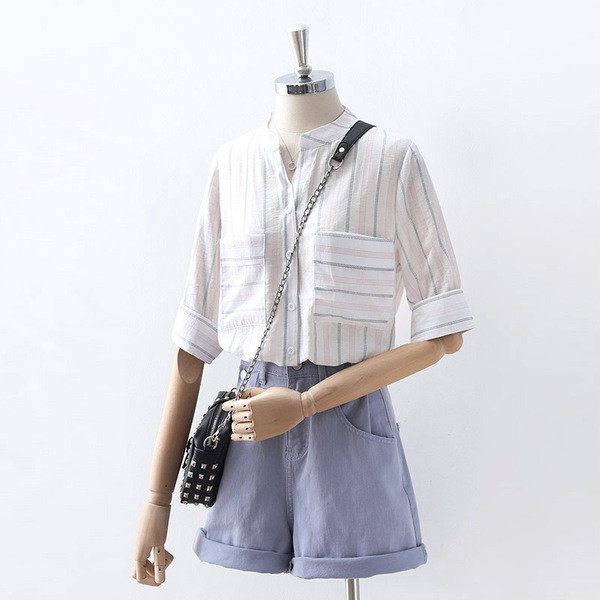 Cămașă de vară de damă în dungi cu mâneci 3/4 și buzunare