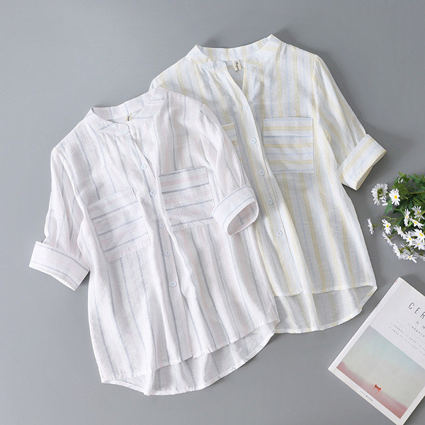Cămașă de vară de damă în dungi cu mâneci 3/4 și buzunare
