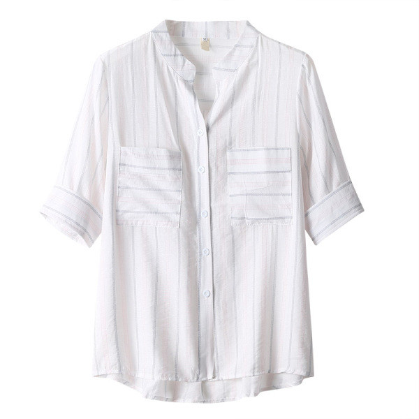 Cămașă de vară de damă în dungi cu mâneci 3/4 și buzunare