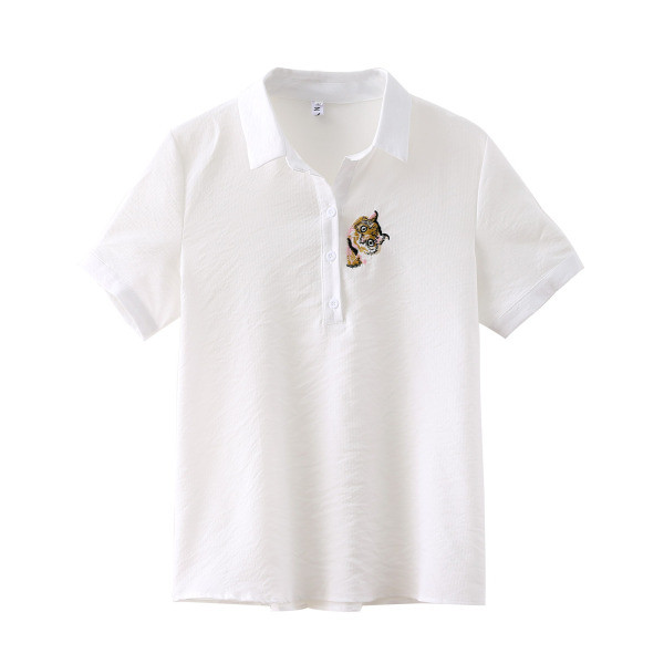 Ikdienas sieviešu krekls ar īsām piedurknēm, klasisku apkakli un izšuvumu