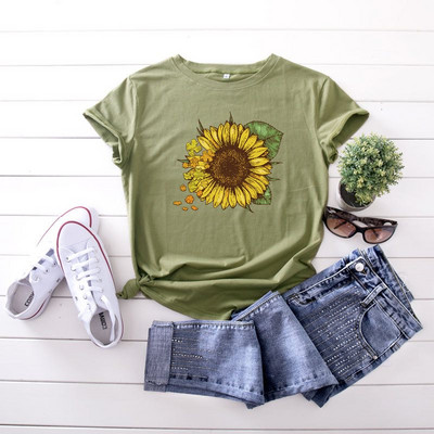 Erinevates värvitoonides päevalilletrükiga lühikeste varrukatega naiste T-särk