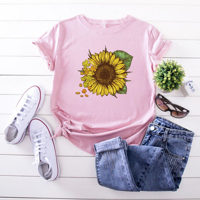 Erinevates värvitoonides päevalilletrükiga lühikeste varrukatega naiste T-särk