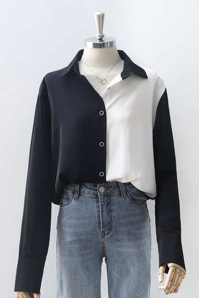 Kahevärviline klassikalise krae ja pikkade varrukatega naiste särk