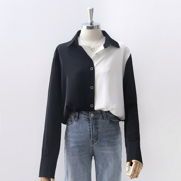 Kahevärviline klassikalise krae ja pikkade varrukatega naiste särk