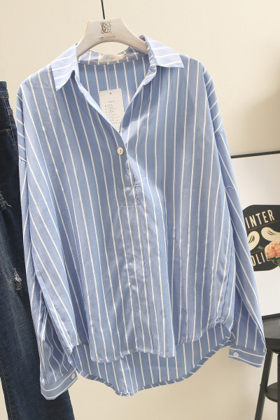 Liela izmēra svītrains sieviešu krekls ar garām piedurknēm un klasisku apkakli