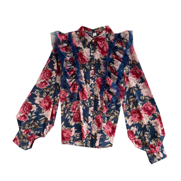 Moderns sieviešu krekls ar klasisku apkakli, garām piedurknēm un ziedu rakstu