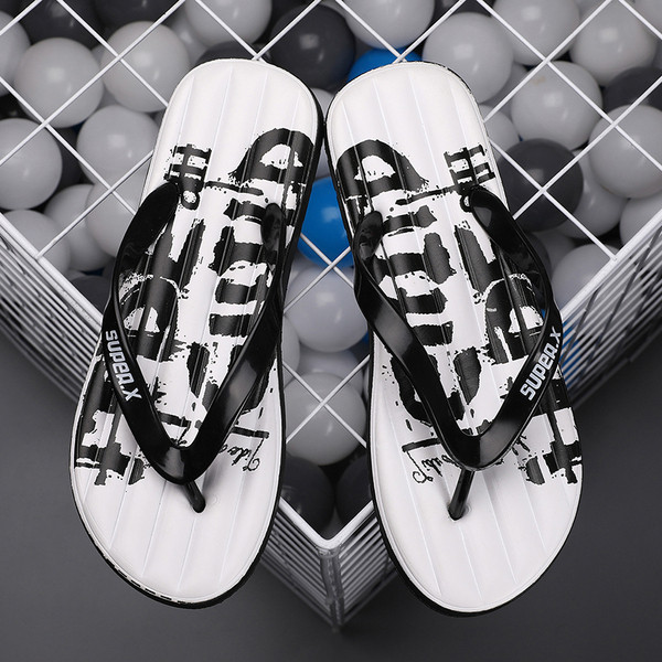 Papuci casual barbatesti cu inscriptie alb-negru