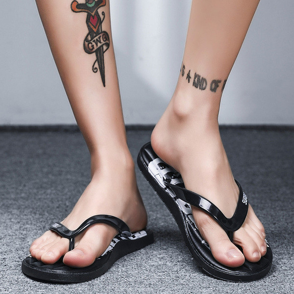 Papuci casual barbatesti cu inscriptie alb-negru