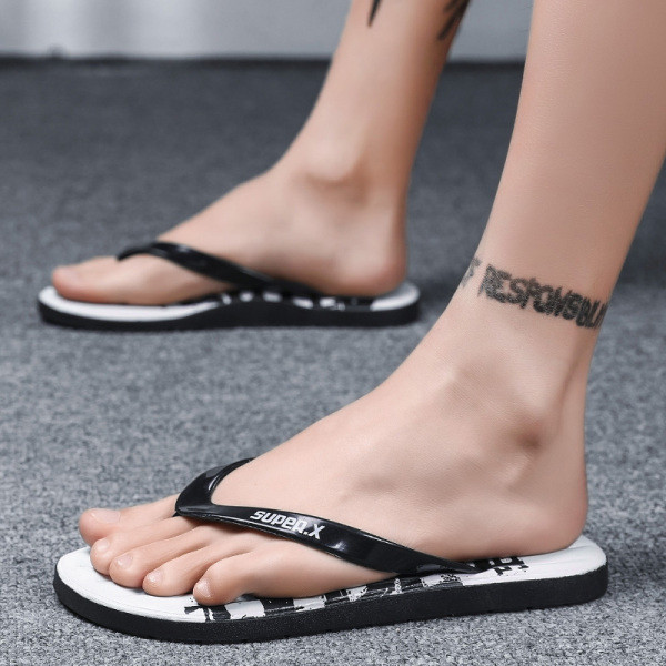 Papuci casual barbatesti cu inscriptie alb-negru