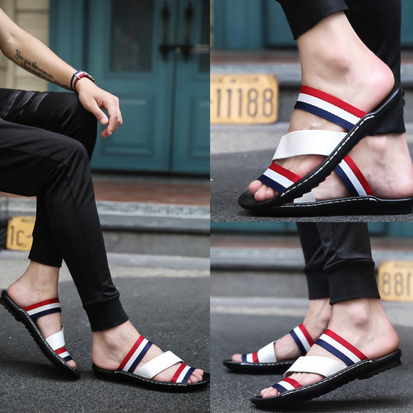 Papuci barbatesti cu bretele colorate si talpa plata