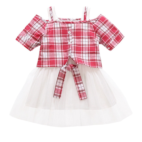 Rochie copii in carouri pentru fete croiate model cu umerii goi si panglica