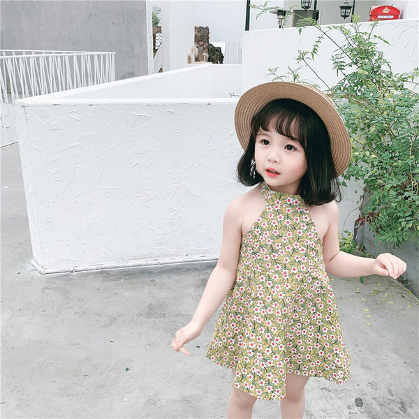 Suvine ovaalse kaelusega lillemustriga lastekleit tüdrukutele