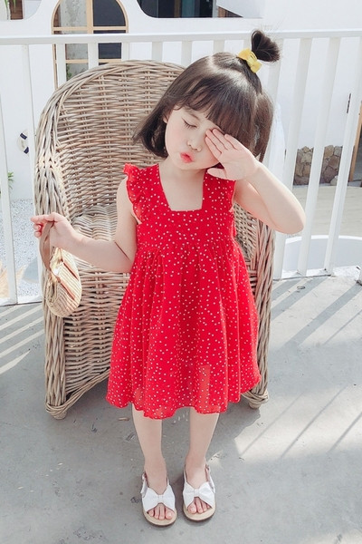 Piros pöttyös gyerekruha széles pántokkal, hátul megkötővel