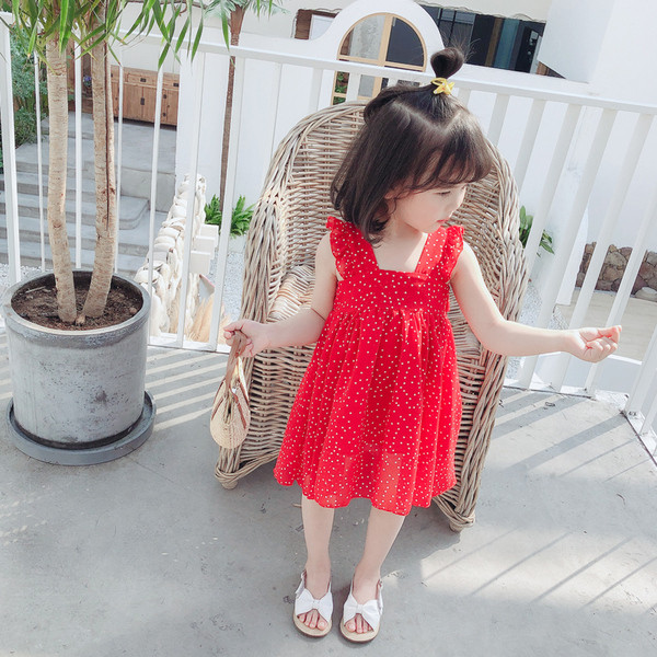 Piros pöttyös gyerekruha széles pántokkal, hátul megkötővel