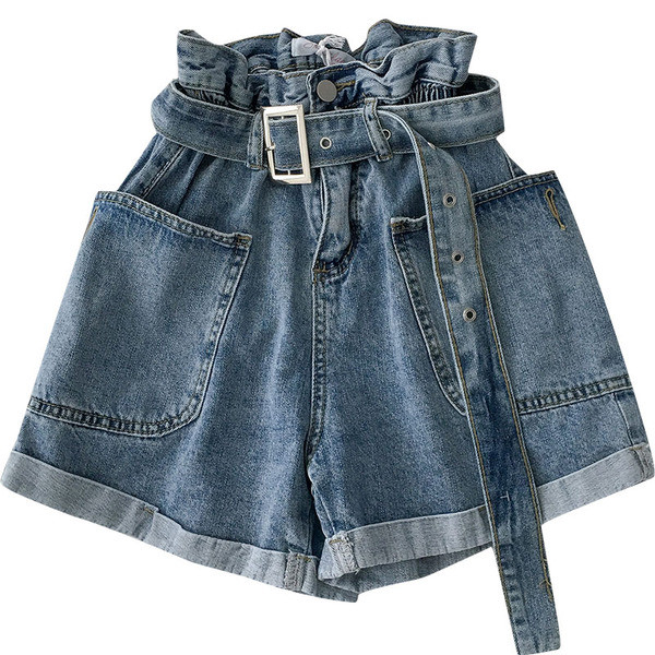 Naiste lühikesed teksad, millel on vöö ja kõrge vöökoht