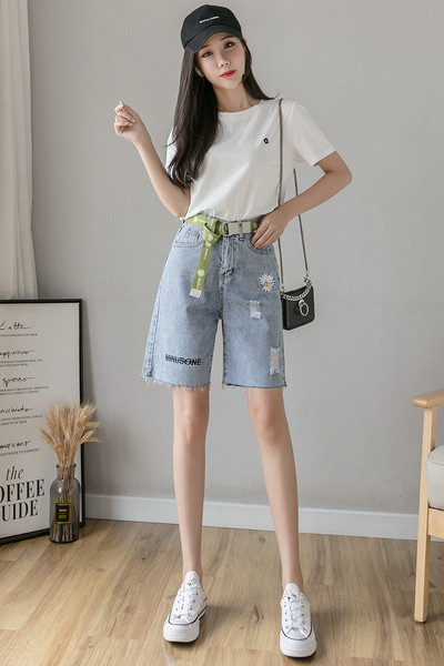 Naiste vabaaja teksad tikandi ja kõrge vöökohaga