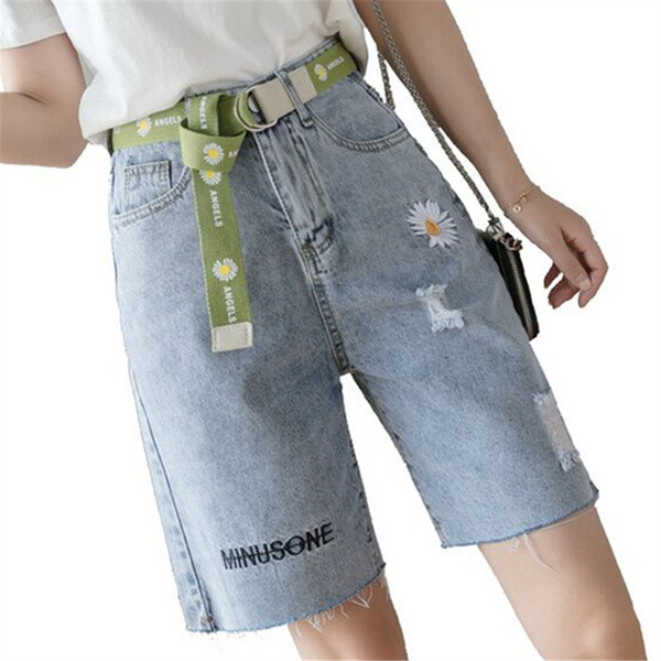 Naiste vabaaja teksad tikandi ja kõrge vöökohaga