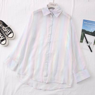 Jauna modeļa sieviešu svītrains krekls ar klasisku apkakli un garām piedurknēm