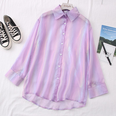 Jauna modeļa sieviešu svītrains krekls ar klasisku apkakli un garām piedurknēm