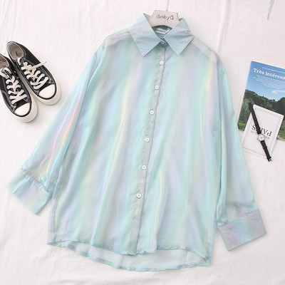 Jauna modeļa sieviešu svītrains krekls ar klasisku apkakli un garām piedurknēm