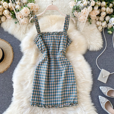 Rochie de dama scurta in carouri casual cu bretele subtiri