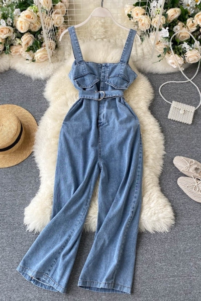 Μακριά γυναικεία φόρμες με ιμάντες και ζώνη σε μπλε χρώμα