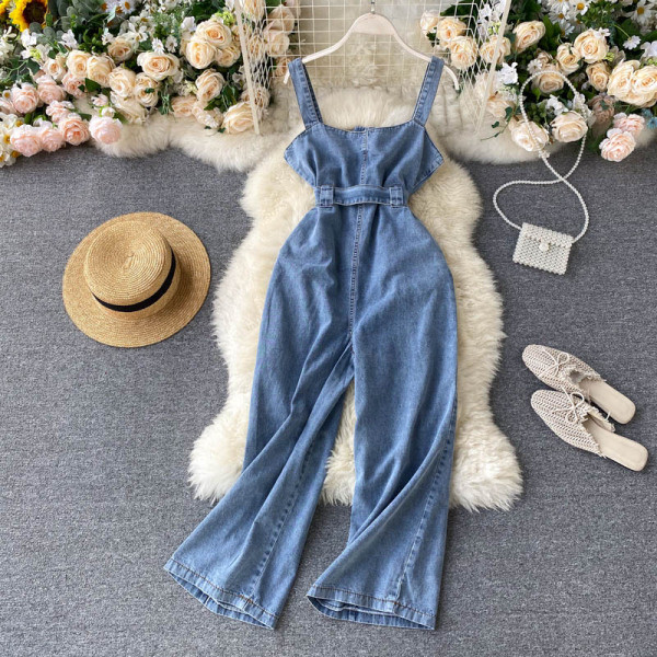 Μακριά γυναικεία φόρμες με ιμάντες και ζώνη σε μπλε χρώμα