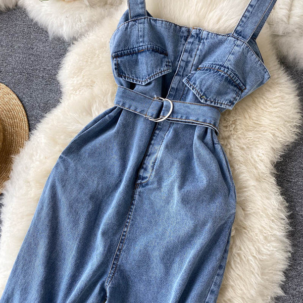 Μακριά γυναικεία φόρμες με ιμάντες και ζώνη σε μπλε χρώμα