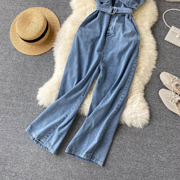 Μακριά γυναικεία φόρμες με ιμάντες και ζώνη σε μπλε χρώμα